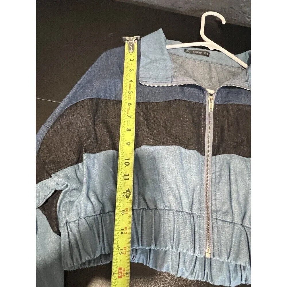 SHEIN Blue Cut And Sew Zip Up Crop Denim Jacket Size Medium Woman's